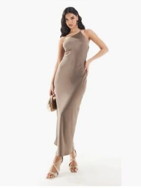 ARIA COVE one shoulder low back satin maxi dress in mocha-Brown
